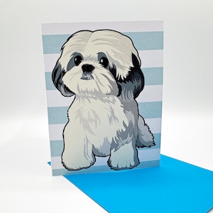 Zwart grijs wit Shih Tzu-wenskaart, hondenkaart, dierenvriendkaart, hondenliefhebberkaart, Shih Tzu-kaart, hondenadoptie en redding, grappige kaart