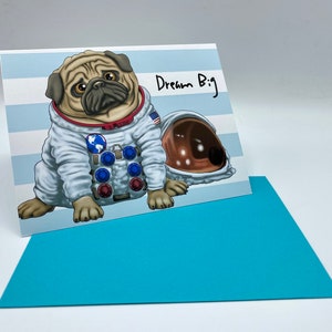 Cartão de felicitações, cartão de cachorro, cartão engraçado, cartão de amante de animais, cartão de felicitações de pug, cartão de astronauta pug, cartão inspirador, cartão de citações motivacionais