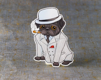 Pug Vinyl Sticker, Pug Decal Sticker, Funny Dog Sticker, Dog Lover Sticker, Cute Sticker, Gangster Pug, Pug in a Suit, Retro Sticker