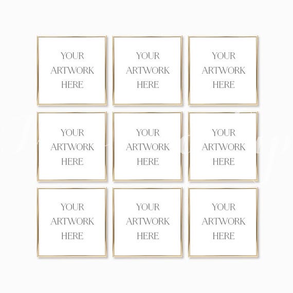 Square Set Of 9 Digital Gold Frame Mockup Stock