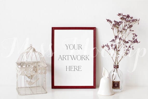 A4 Digital Burgundy Frame Mockup Portrait Stock Photo A4 Digital Burgundy Frame Mockup Portrait Stock Photo
