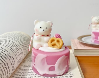 Peach Oolong Cake Candle - Cute Bear Cake Candle - Teddy Bear Birthday Cake Candle - Polar Bear with Scarf Animal Candle - Birthday Cake