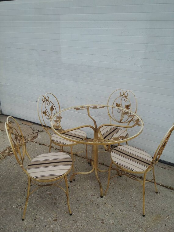 Antique Wrought Iron 5pc Patio Set Table W Glass 4 Chairs Etsy