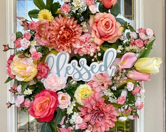 Floral Blessed Wreath- Front Door Wreath- Floral Wreath