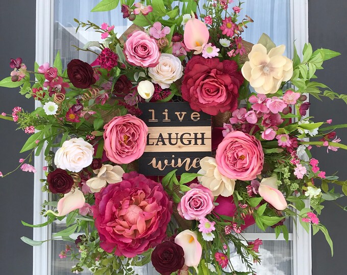 Live Laugh Wine Wreath Floral Wreath Mantel Wreath Spring Etsy