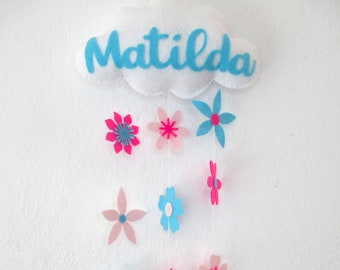 Personalised boho flower power cloud vegan baby mobile wall hanging pink and turquoise  with name custom made in Ibiza