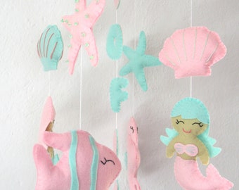 Personalised, baby mobile, pink and mint, mermaid, under-the-sea, nursery mobile, mermaid decoration, with name, seahorse, felt, vegan