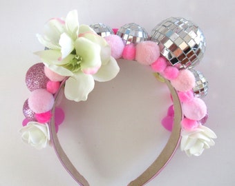 Spiegelkugel Haarband, Festival Haarband, Haarband Pink, Blumen Haarband, Discokugel Haarband, Creme und Pink, Ibiza, Pompom Haarband
