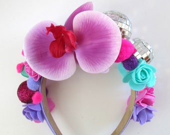 Festival Haarband, Pompom Haarband, Disco Kugel Haarband, Spiegelkugel Haarband, Blumen Haarband, rosa Haarband, buntes Kopfschmuck, Ibiza