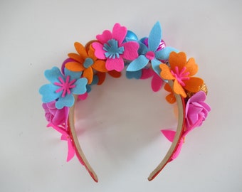 Blumenmädchen, Blumen Haarband, Festival Kopfbedeckung, Disco Kugel Stirnband, vegane Kopfbedeckung, made in Ibiza, Blumenkrone, pink, türkis, orange