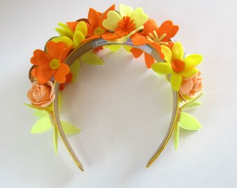 Orange Blumen Haarband, Blumen Krone, Festival Haarband, Sonnenschein, Vegan Stirnband, Blumen Mädchen, Spiegelball Haarband, Discokugel Haarband