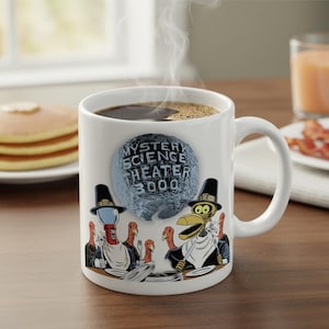 Funny Movie Night Coffee Mug – MST3K Inspired Turkey Day Marathon Gift, Nerd Gift Cup
