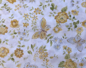 Canon Monticello Muslin/ twin size flat sheet/ Vintage Gold and yellows/ flowers and Butterflies