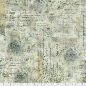 Tim Holtz Fabric - Eclectic Elements Foundations - &quot;Receipts - Aqua&quot; - Free Spirit Fabric