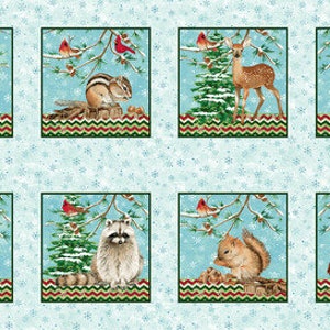 Coordinated  Christmas fabric -  8 Animal Blocks panel - Ice Blue - Winter Wood  By Studio E - Each Block approx. 8&quot; by 8&quot;
