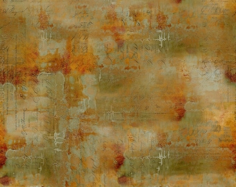 May include: Textured fabric with a vintage aesthetic. The design features a blend of muted greens, browns, and oranges, with faded script and text overlays. The overall effect is reminiscent of aged parchment or antique documents.