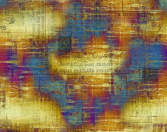 May include: Abstract fabric with a vintage aesthetic. The design features a blend of yellow, blue, purple, and brown hues, with overlaid text and a grid pattern. The text reads "Anatomical Boot Makers, 32, Great Portland Street W."