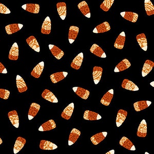 May include: A repeating pattern of stylized candy corn on a black background. The candy corn features a white tip, a tan middle section with a decorative pattern, and a dark orange base. The design is suitable for Halloween-themed products.