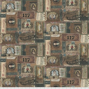 May include: A digital collage featuring vintage cigar box labels with the text "Schwencke Cigar Box Labels" repeated throughout. The labels feature various designs, including portraits, numbers, and text. The colors are predominantly brown, green, and white.