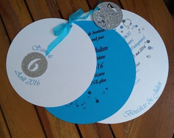 Turquoise white wedding invitation iridescent silver bubbles