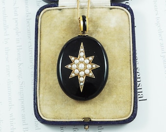 Victorian Black Enamel & Natural Pearl Pendant, 15ct Yellow Gold