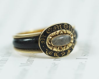 Antique Black Enamel Mourning Ring, 18ct Yellow Gold