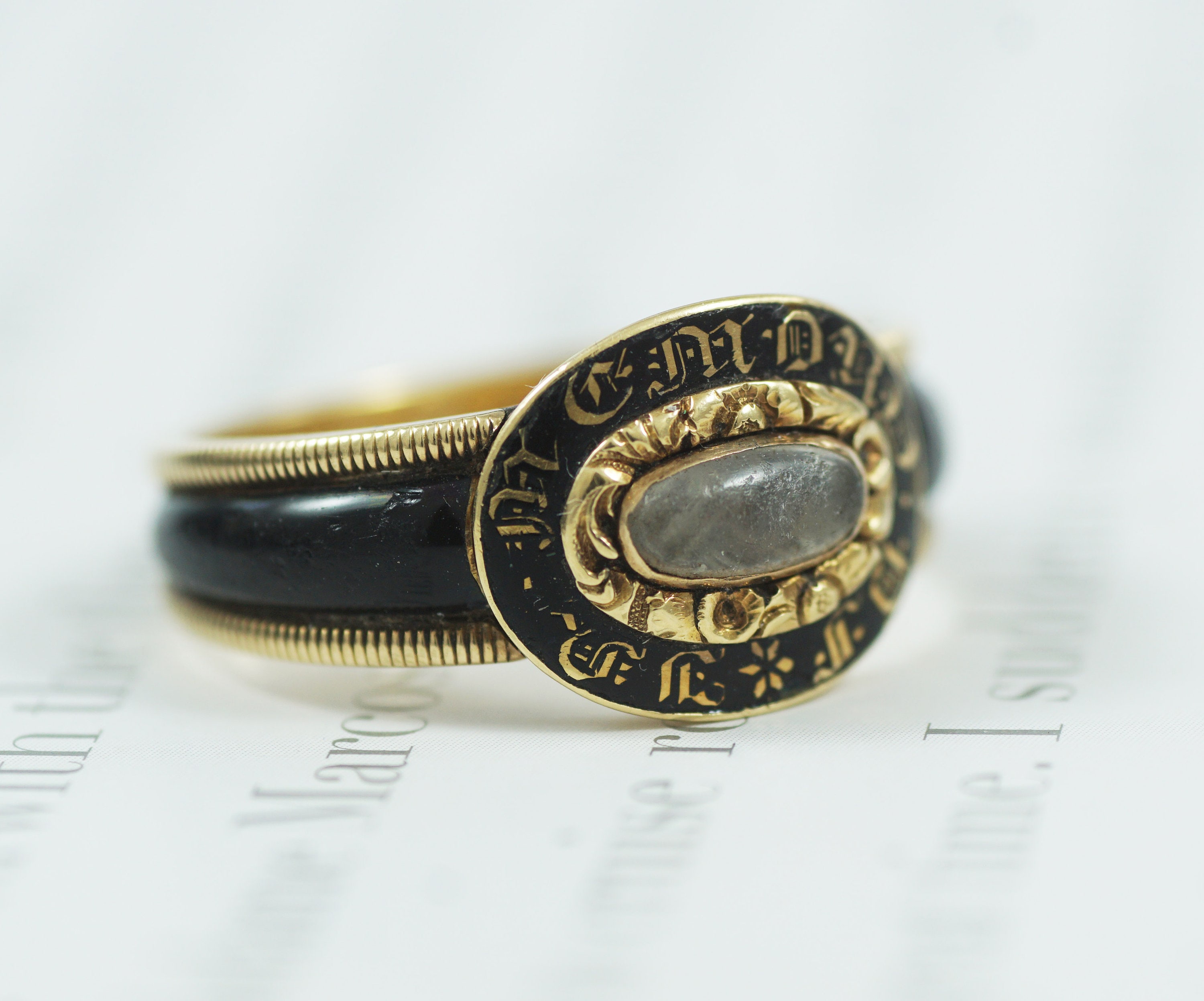 Antique Black Enamel Mourning Ring, 18ct Yellow Gold