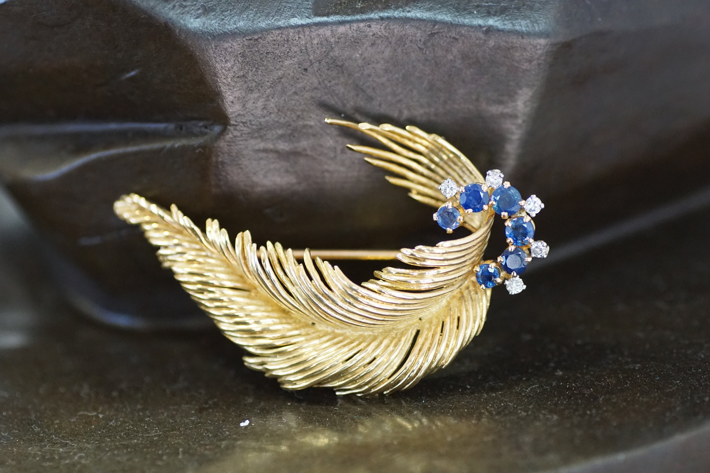 Vintage Sapphire & Diamond Feather Brooch 18ct Yellow Gold Etsy
