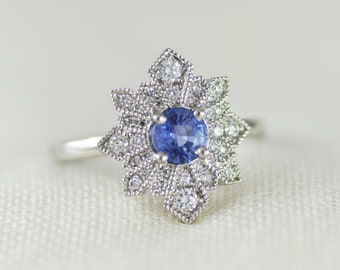 Art Deco Style Sapphire & Diamond Ring, Platinum Mount