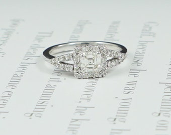Asscher Cut Diamond Halo Ring, 18ct White Gold