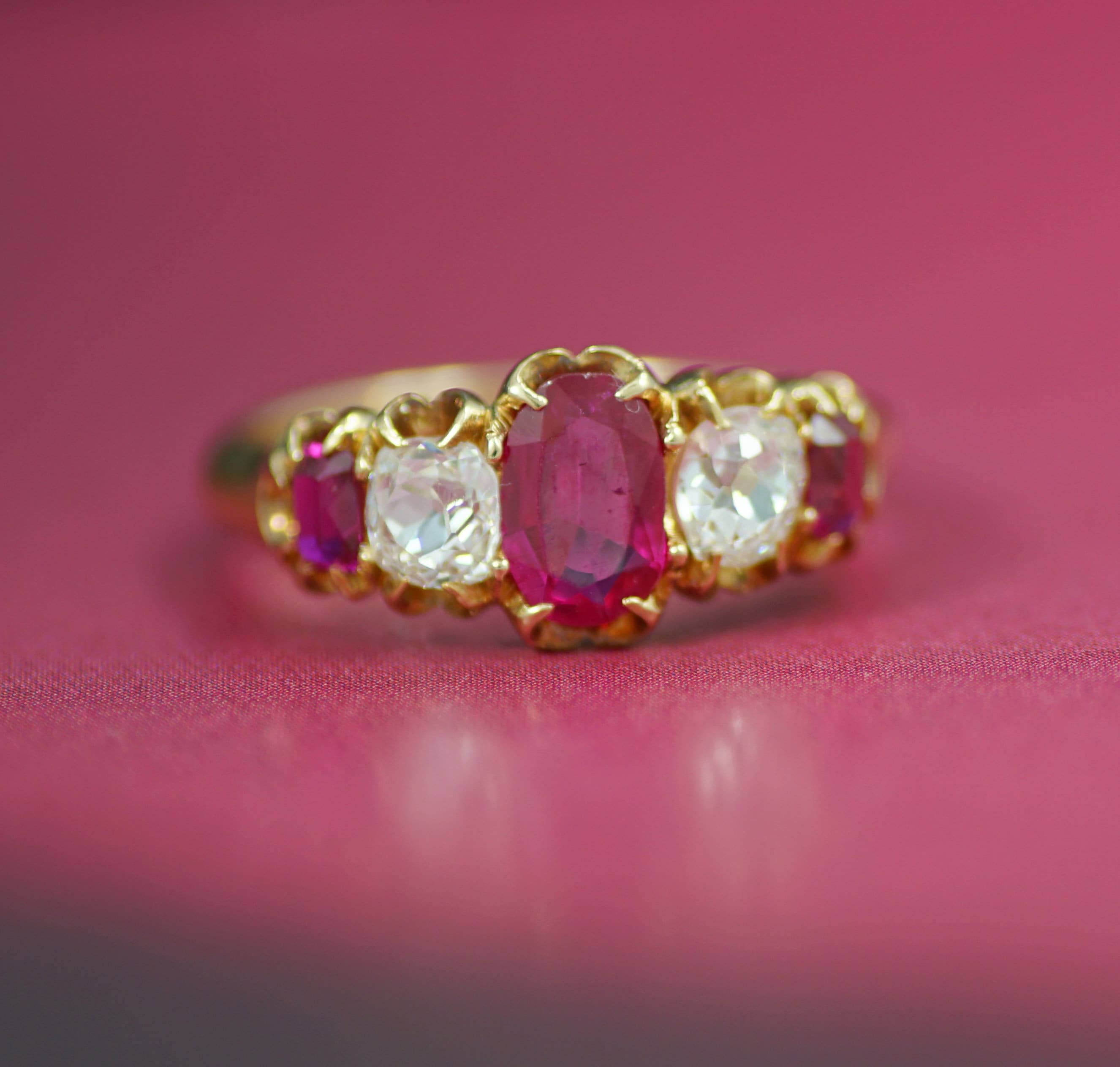 Victorian Ruby & Diamond Five Stone Ring, 18ct Yellow Gold