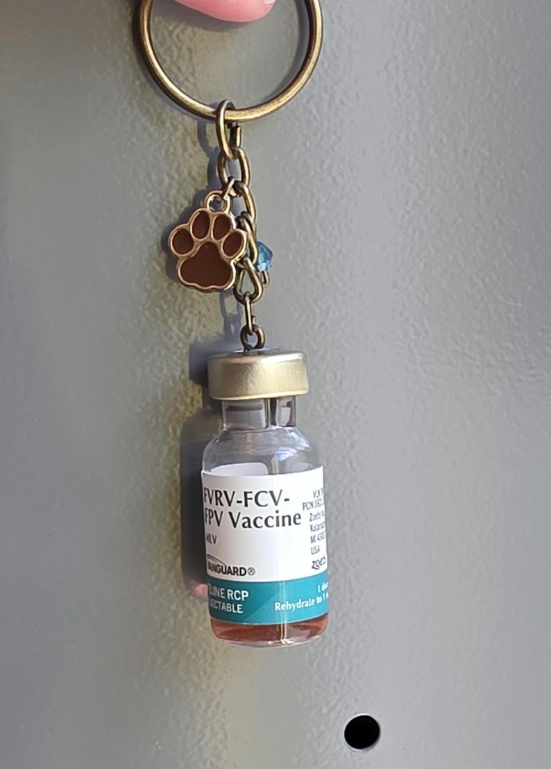 May include: A keychain featuring a bronze-toned metal ring and chain, a small brown paw print charm, a tiny blue bead, and a miniature glass vial labeled FVRV-FCV-FPV Vaccine with a gold-colored cap and a teal band at the bottom of the label.