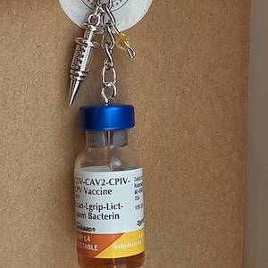 May include: A keychain featuring a miniature glass vial with a blue cap and a label reading CDV-CAV2-CPIV-CPV Vaccine, accompanied by a small silver-toned syringe charm and a tiny yellow bead, all attached to a metal ring and chain assembly.