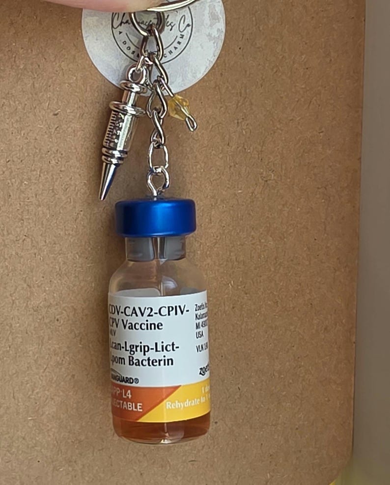May include: A keychain featuring a miniature glass vial with a blue cap and a label reading CDV-CAV2-CPIV-CPV Vaccine, accompanied by a small silver-toned syringe charm and a tiny yellow bead, all attached to a metal ring and chain assembly.
