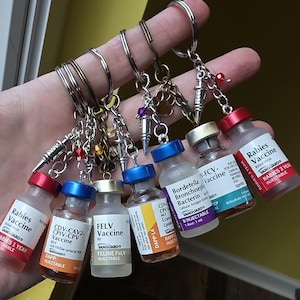 May include: A collection of six miniature glass vial keychains, each featuring a metal ring and a small charm. The vials are labeled as various animal vaccines, including Rabies, FELV, and Bordetella, with colorful caps and clear liquid contents.