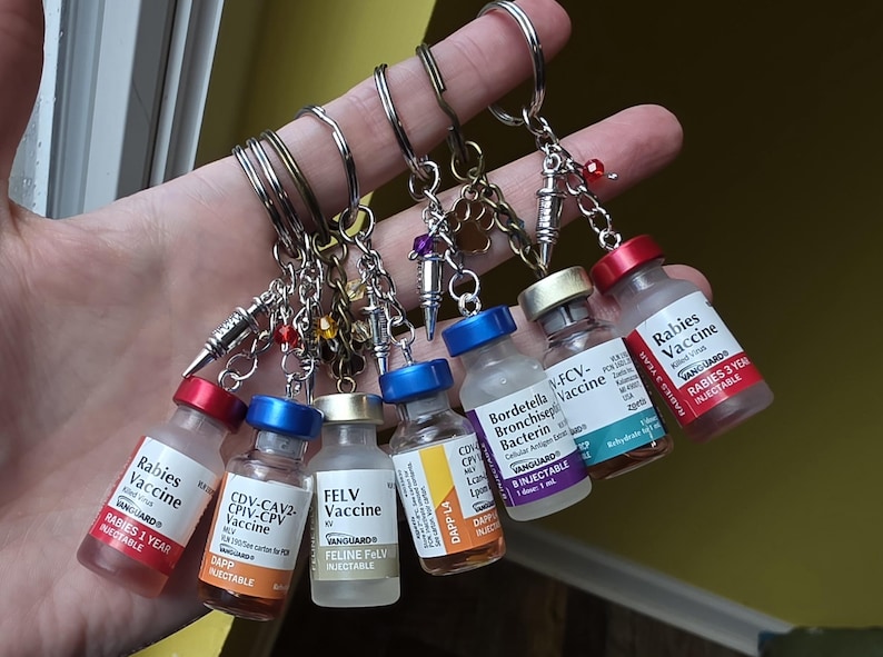 May include: A collection of six miniature glass vial keychains, each featuring a metal ring and a small charm. The vials are labeled as various animal vaccines, including Rabies, FELV, and Bordetella, with colorful caps and clear liquid contents.