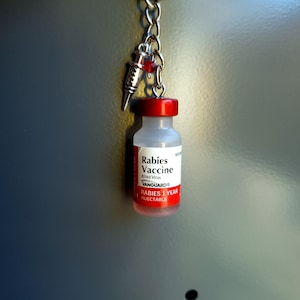 May include: A keychain featuring a miniature Rabies Vaccine vial with a red cap and a label reading Rabies Vaccine Killed Virus VANGUARD RABIES 1 YEAR INJECTABLE, accompanied by a small silver-toned syringe charm and a single red bead on a metal ring.