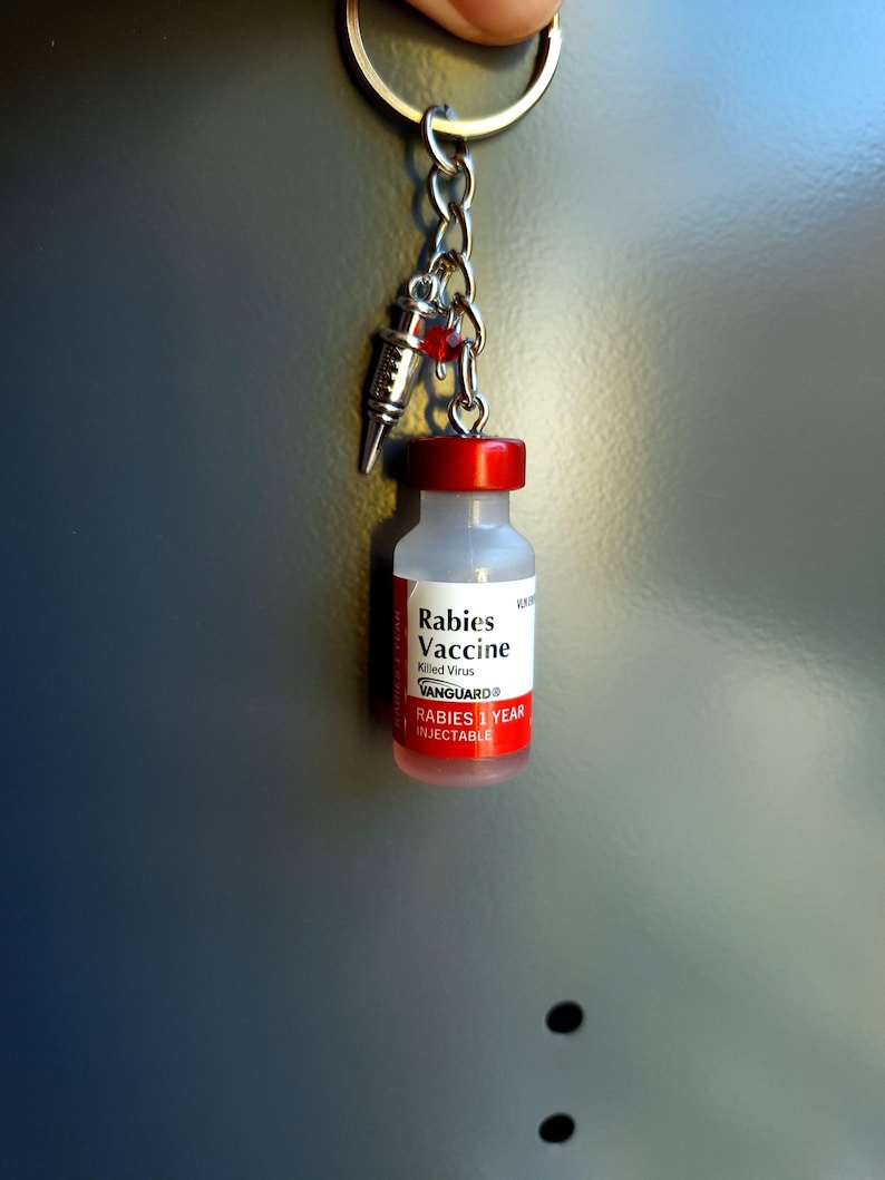 May include: A keychain featuring a miniature Rabies Vaccine vial with a red cap and a label reading Rabies Vaccine Killed Virus VANGUARD RABIES 1 YEAR INJECTABLE, accompanied by a small silver-toned syringe charm and a single red bead on a metal ring.