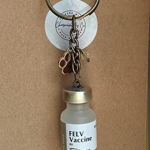 May include: A keychain featuring a bronze-toned metal ring and chain, a small brown paw print charm, and a miniature glass vial labeled FELV Vaccine KV Vanguard Feline FeLV Injectable. The keychain is attached to a brown cardboard backing card.