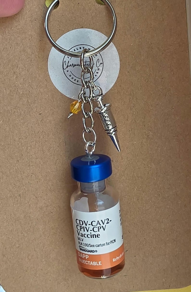 May include: A keychain featuring a silver metal ring, a small silver syringe charm, a single yellow bead, and a miniature glass vial with a blue cap. The vial label reads CDV-CAV2-CPIV-CPV Vaccine, MLV, VANGUARD, DAPP, and INJECTABLE in black and orange text.