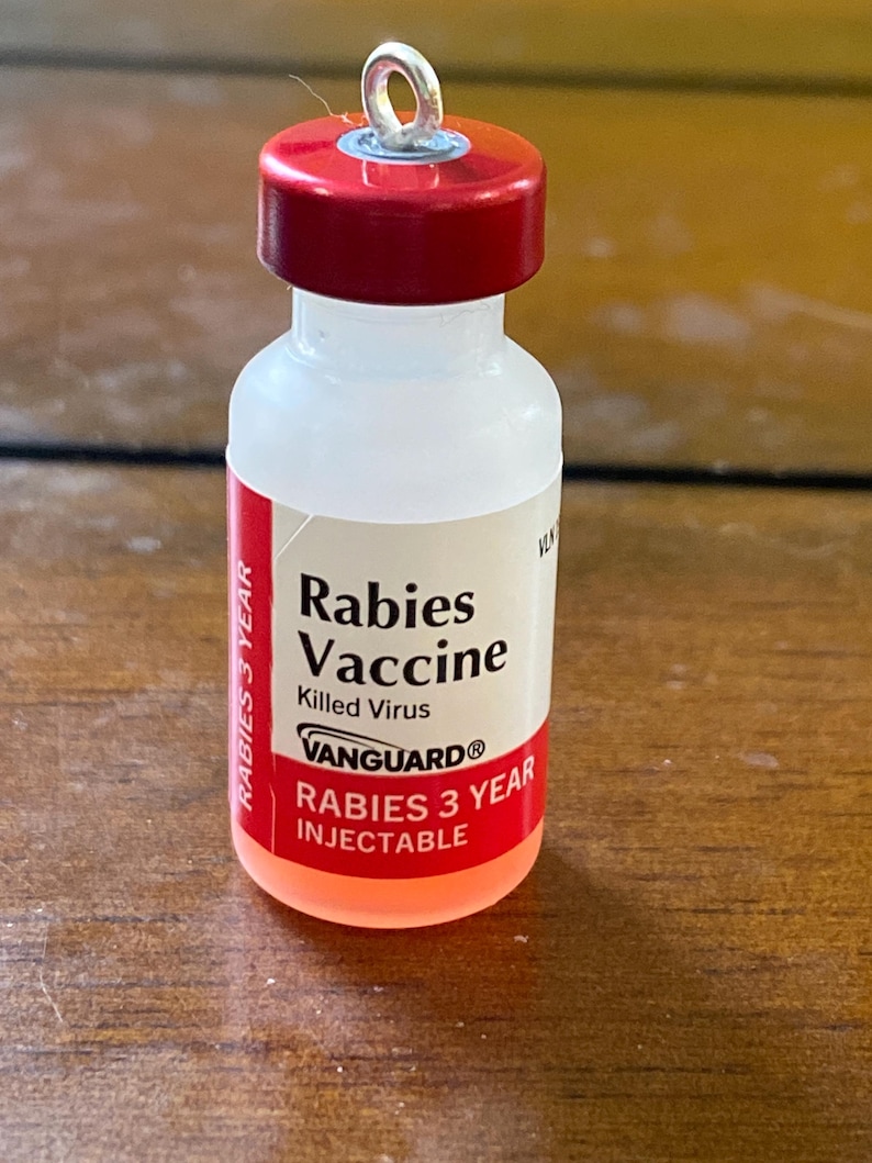 May include: A clear glass vial with a red cap and a silver loop at the top. The vial is labeled "Rabies Vaccine" with the text "Vanguard" and "Rabies 3 Year Injectable".