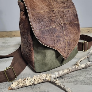 Leaf Small Backpack: Faux Leather Flap, Corduroy Accent - Handmade USA