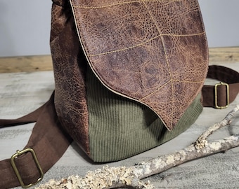 Leaf Mini Backpack: Faux Leather Flap, Corduroy Accent - Handmade USA
