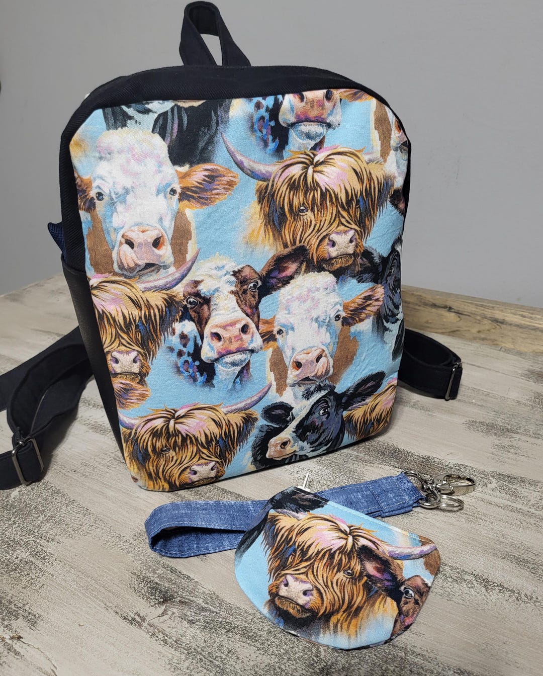 Cow Herd Small Backpack, Cotton Denim Faux Leather, Key Wristlet Pouch ...