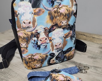 Cow Herd Mini Backpack, Handmade Cotton,Denim, and Faux leather Backpack, Key Wristlet and zippered pouch
