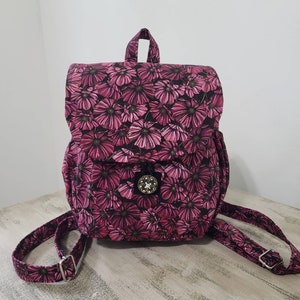 Plum Daisy Floral Mini Backpack, 8" x  10" small cotton fabric backpack, flap purse backpack, elastic side pockets, Handmade USA