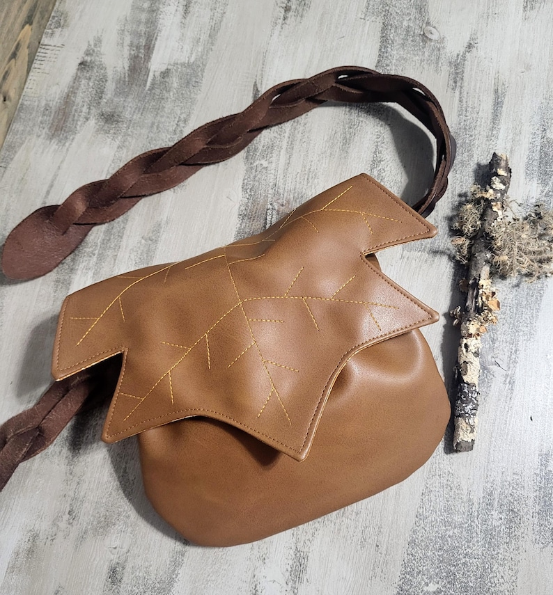 Maple Leaf Renaissance Faire Belt Pouch: Faux Leather Festival Bag, 8x8 belt loop waist satchel, handcrafted Georgia USA Caramel