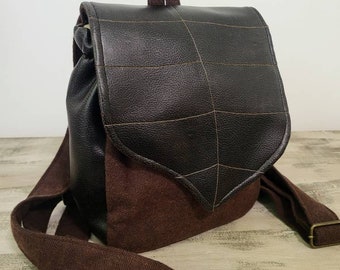 Leaf Mini Backpack, 8" by 10" Fabric + Faux Leather leaf flap backpack, Herringbone Brown, Forest Green, Mustard Yellow, Viridian Blue