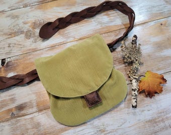 Renaissance Faire Mossy Green Corduroy Belt Pouch: Festival Flap Bag