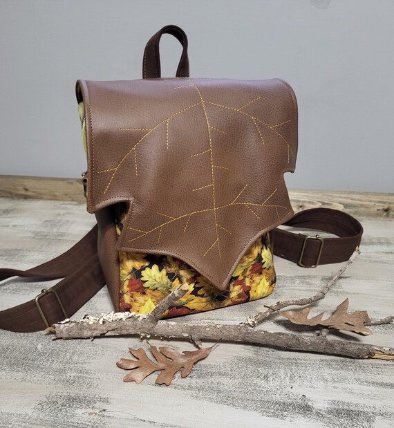 Leaf Flap Mini Backpack: Faux Leather & Corduroy, Handmade  display picture 3